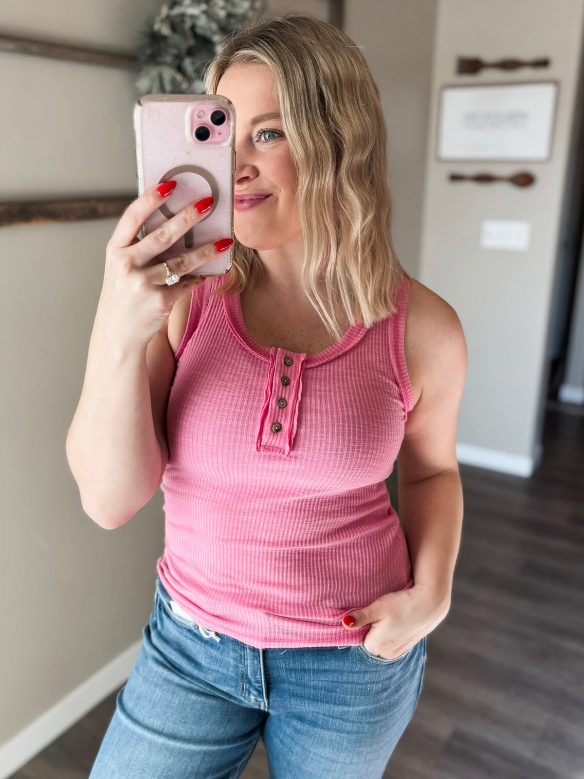 Nella Ribbed Button Tank - Light Pink