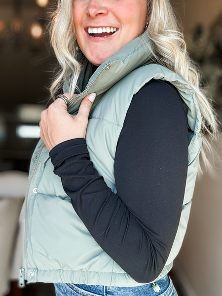 Brooklyn High Neck Cropped Puffer Vest - Olive