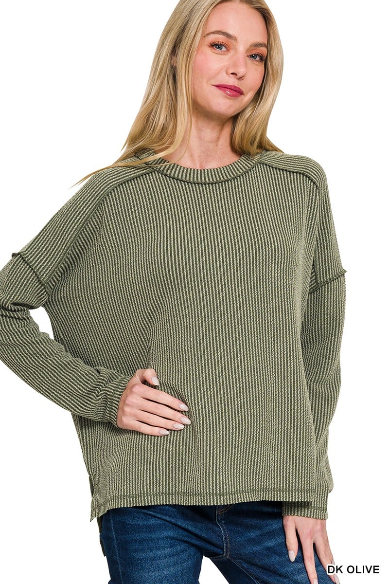 Wander & Rest Cable Ribbed Knit Drop Shoulder Top - Dark Olive