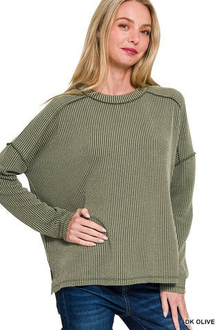 Wander & Rest Cable Ribbed Knit Drop Shoulder Top - Dark Olive