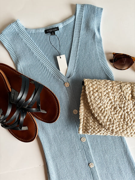 Button Front Rib Knit Midi Dress Slim Fit - Blue