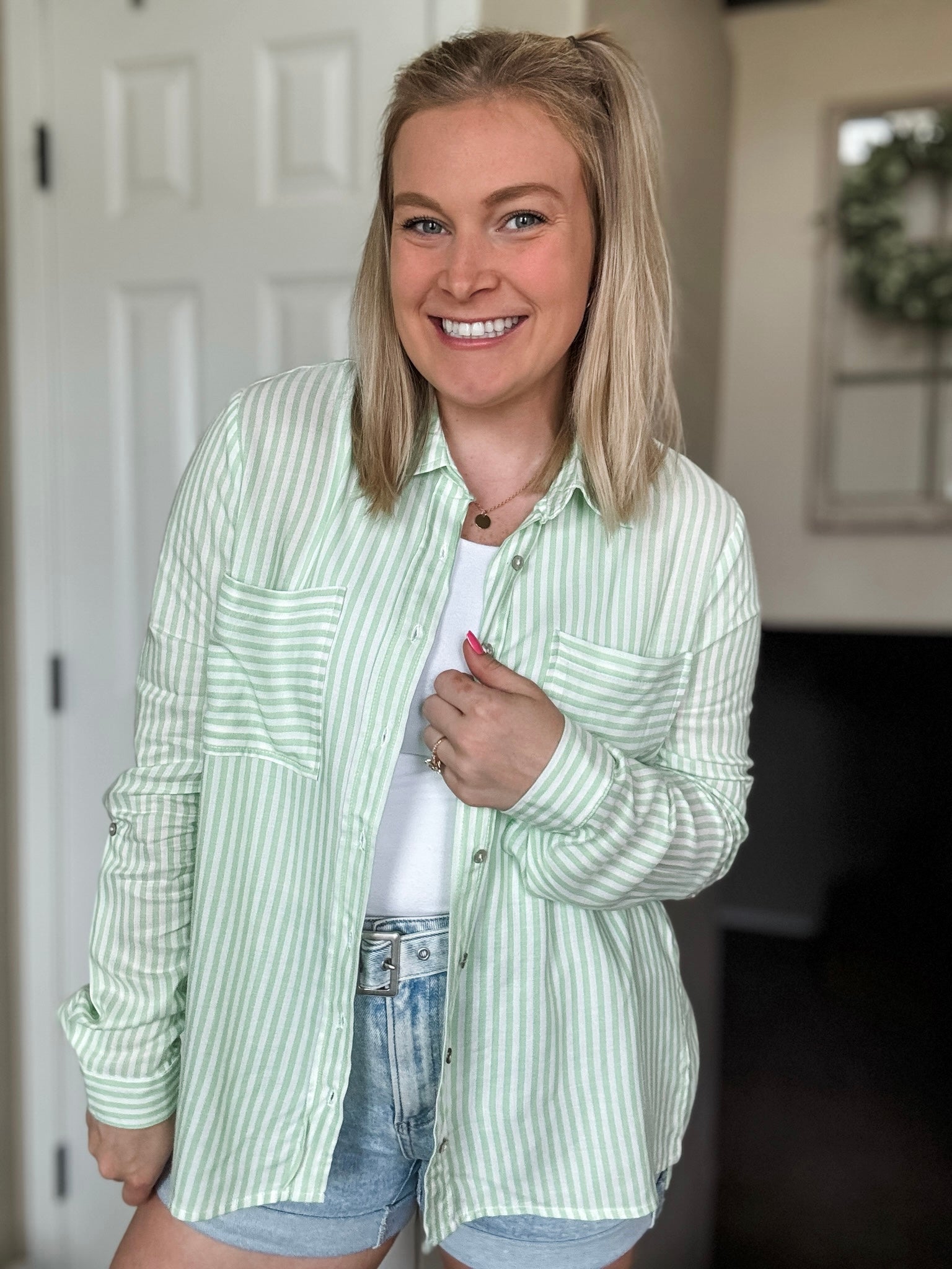 Eliana Stripe Button Up - Lime - SIZE SMALL