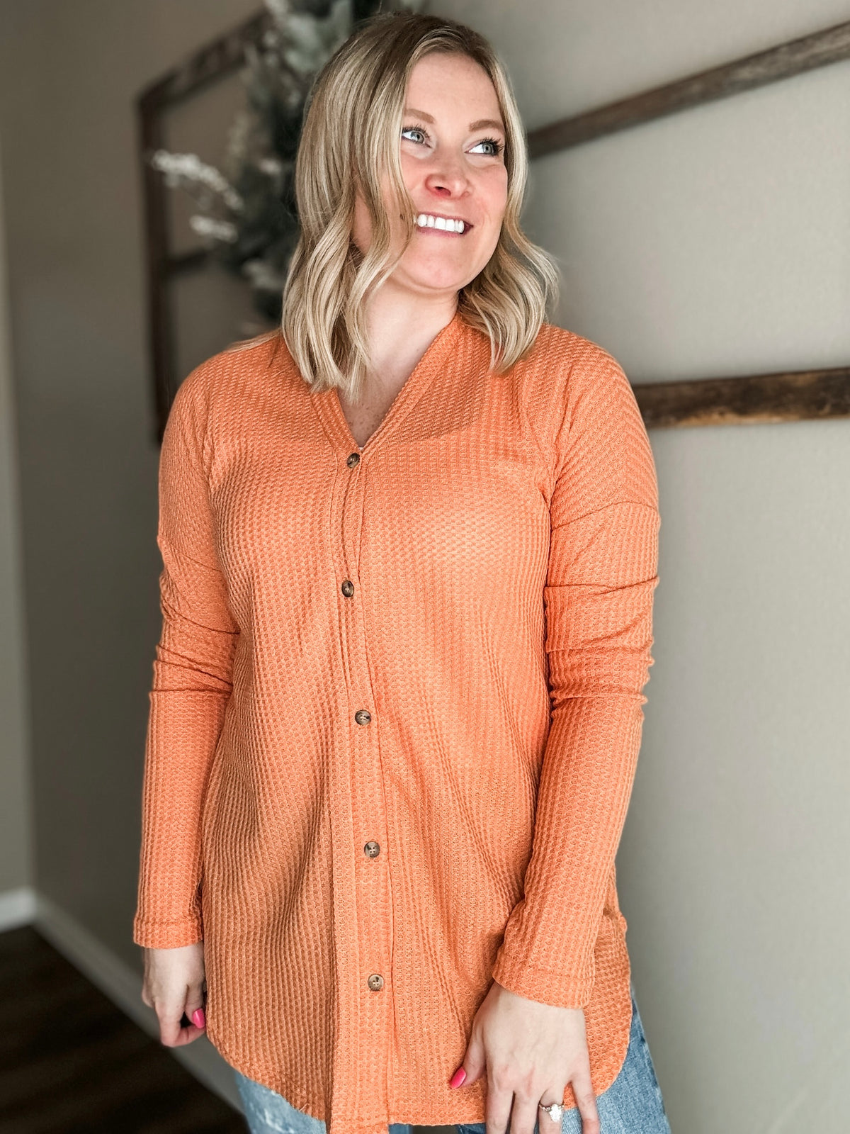 Hadlie Waffle Button Down Cardigan - Cantaloupe - SIZE SMALL