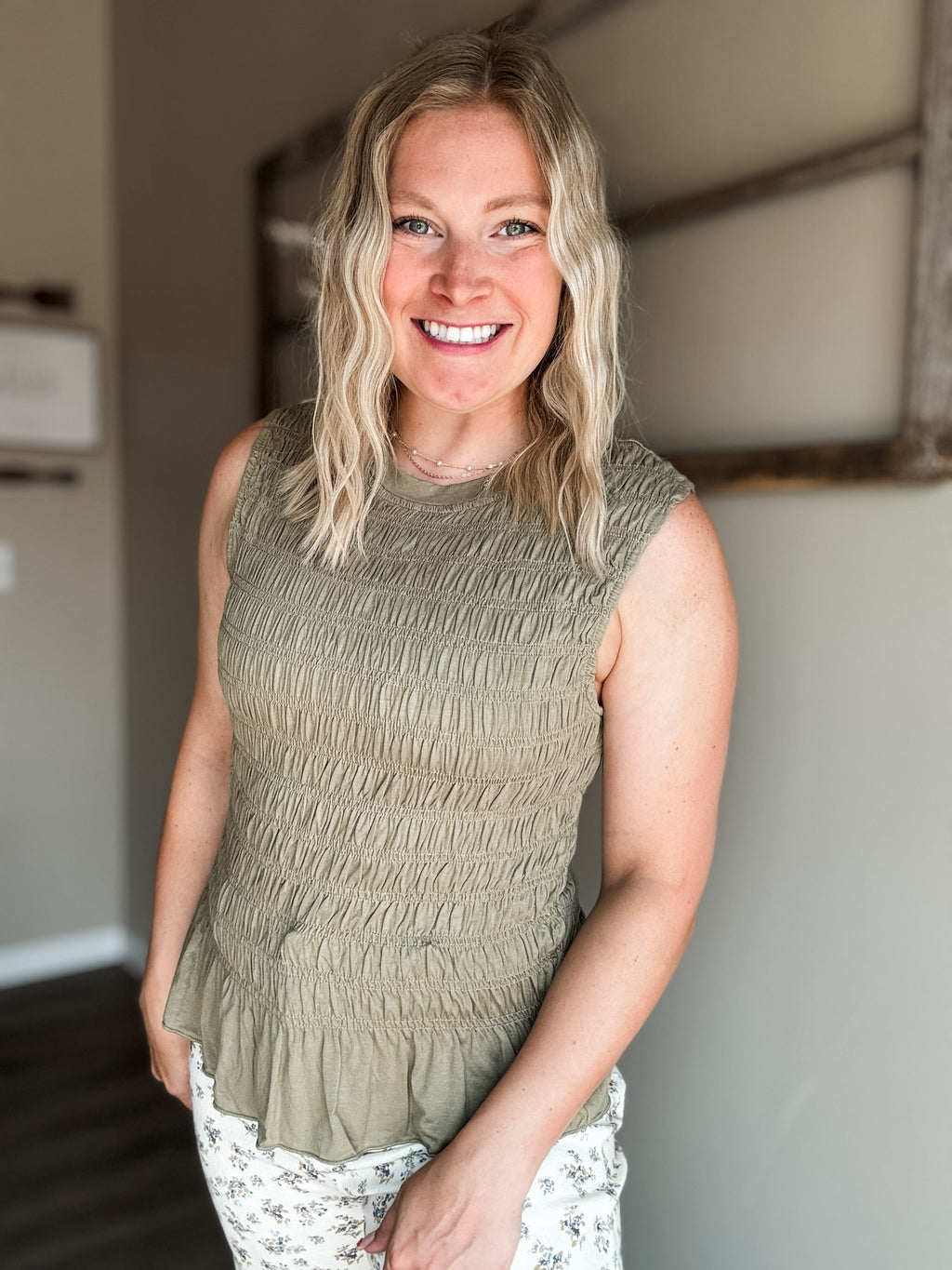 Bridgette Smocked Ruffle Hem Tank - Olive