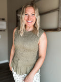 Bridgette Smocked Ruffle Hem Tank - Olive