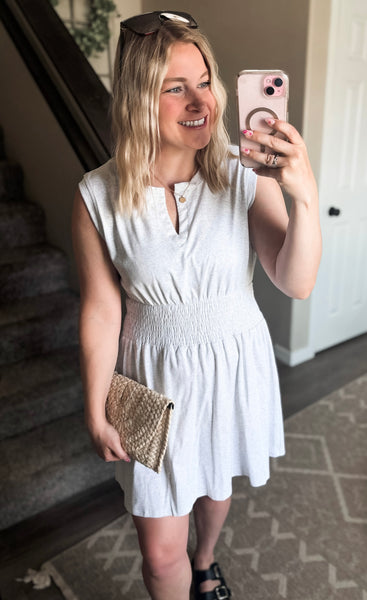 Smocked Waist Sculpted Shoulder Mini Dress