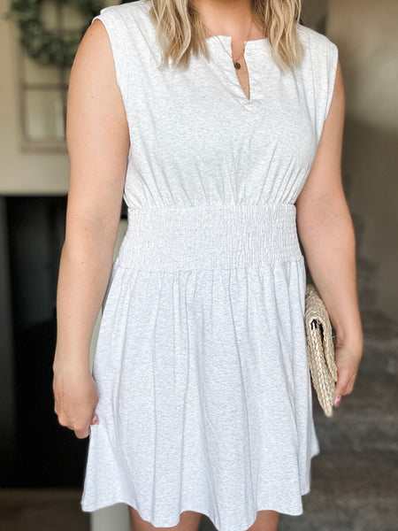 Smocked Waist Sculpted Shoulder Mini Dress