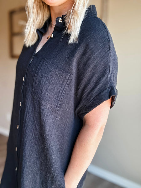 Positano Button Up Shirt Dress - Black