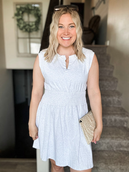 Smocked Waist Sculpted Shoulder Mini Dress