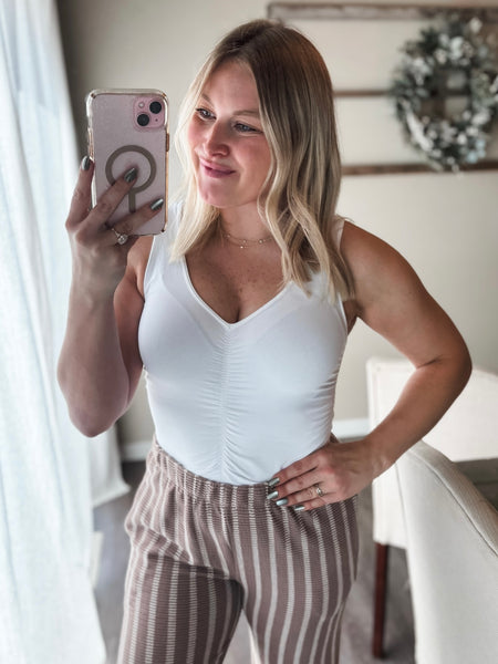 Avie V Neck Shirred Top - White