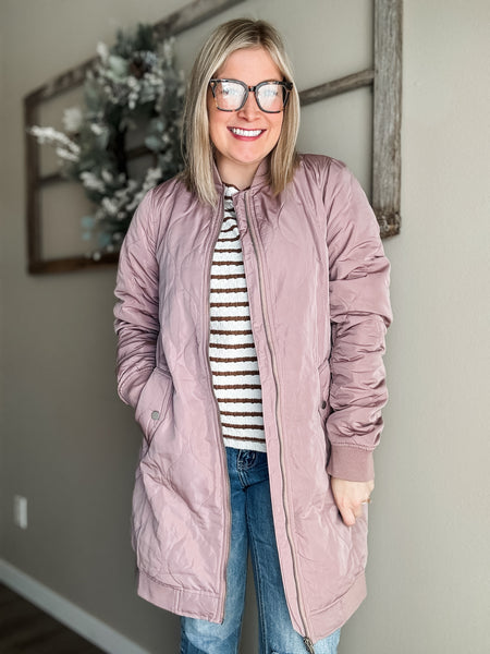 Berklee Long Quilted Bomber Jacket - Dusty Rose