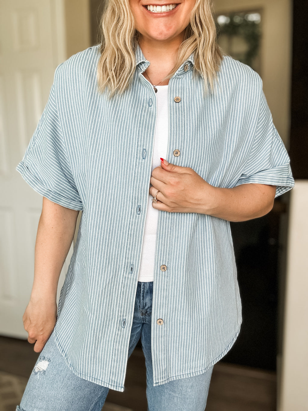 Rylan Stripe Denim Button Down Shirt - SIZE MEDIUM
