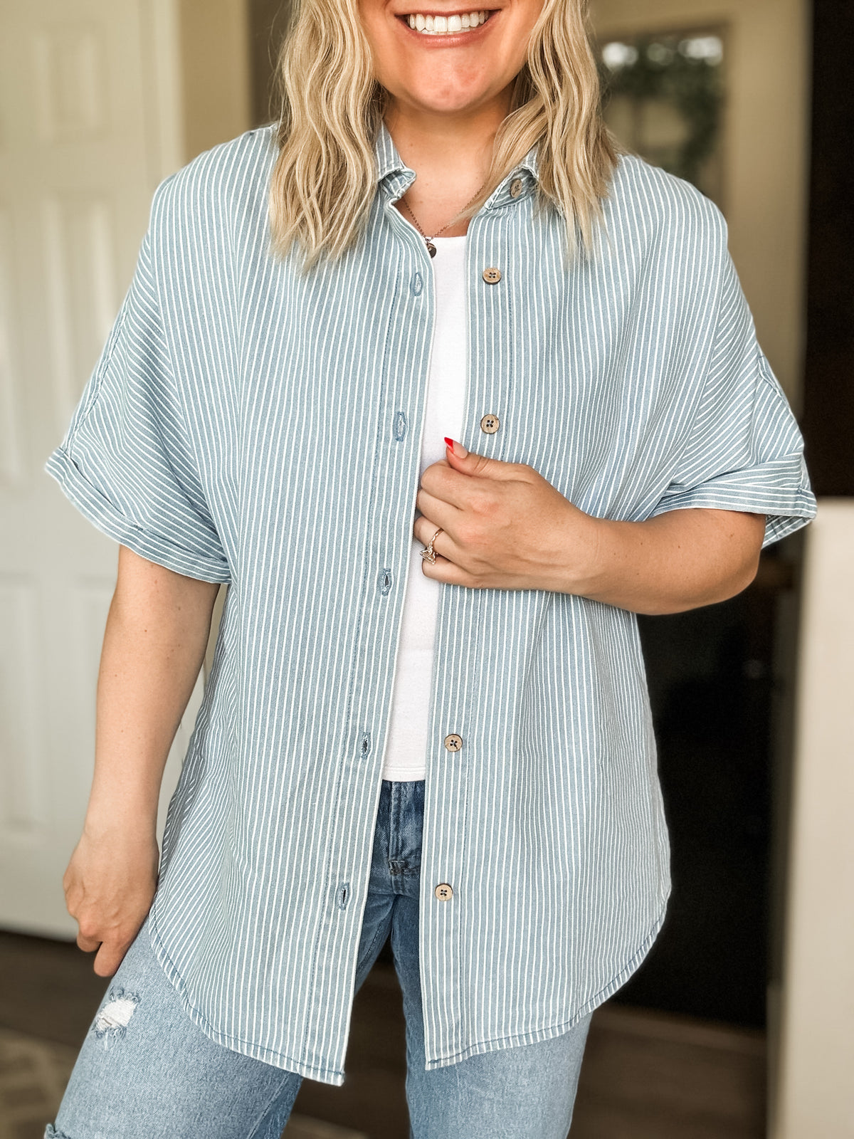 Rylan Stripe Denim Button Down Shirt - SIZE MEDIUM