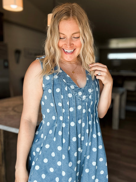 Jacelyn Polka Dot Denim Romper