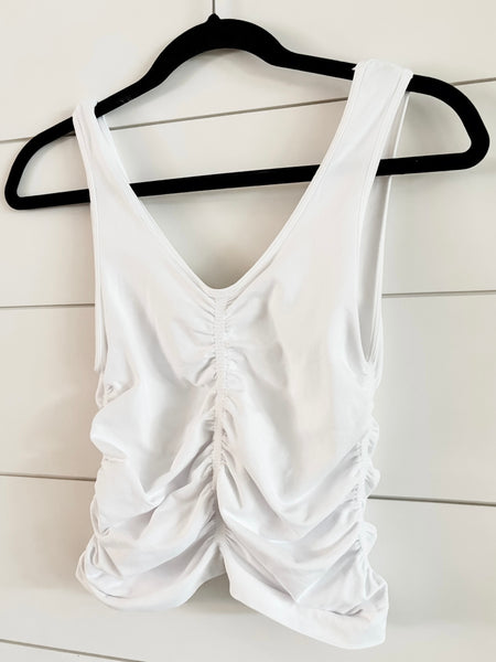 Avie V Neck Shirred Top - White
