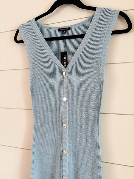 Button Front Rib Knit Midi Dress Slim Fit - Blue