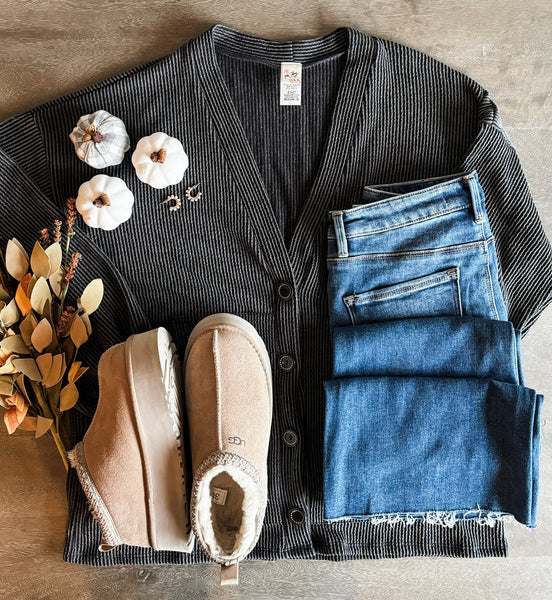 Perri Ribbed Cardigan - Charcoal - SIZE SMALL