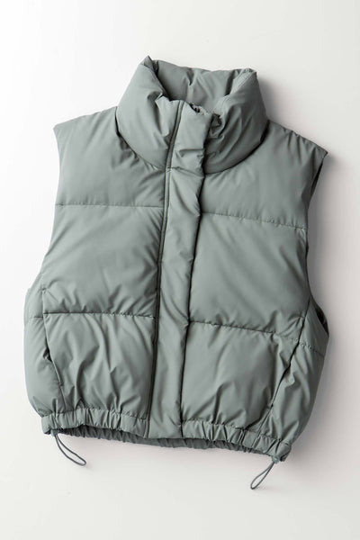 Brooklyn High Neck Cropped Puffer Vest - Olive
