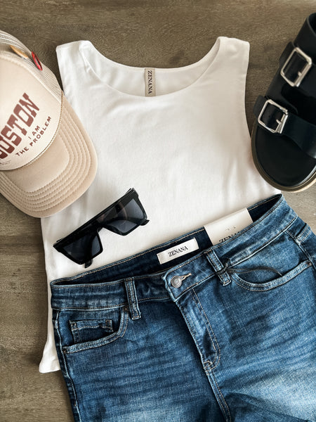 Double Layered Round Neck Tank Top - White