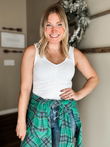 Avie V Neck Shirred Top - White