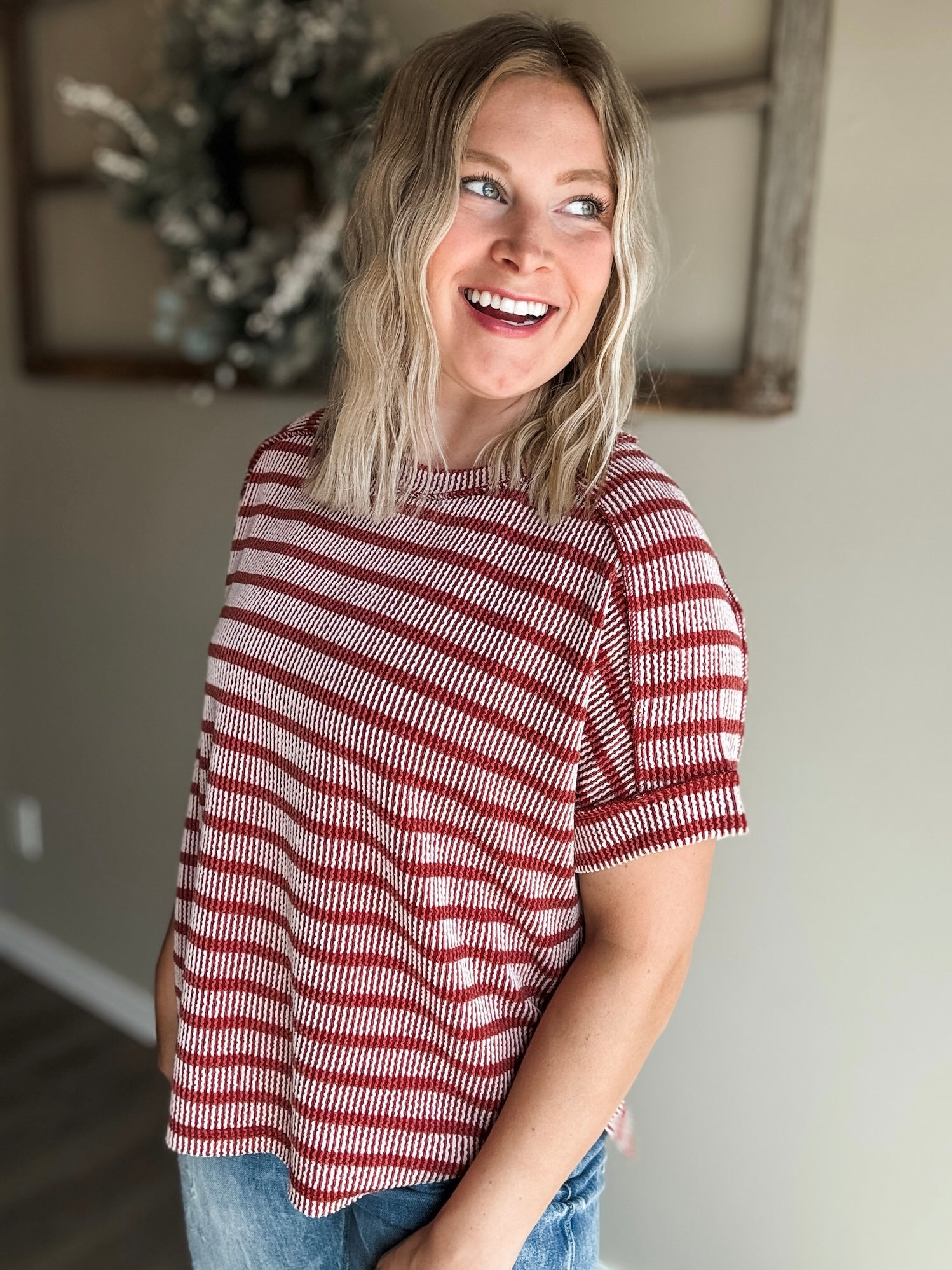 Maeven Exposed Seam Ribbed Top - Rust - SIZE S/M