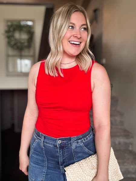 Ruched Side Sleeveless Knit Top - Red