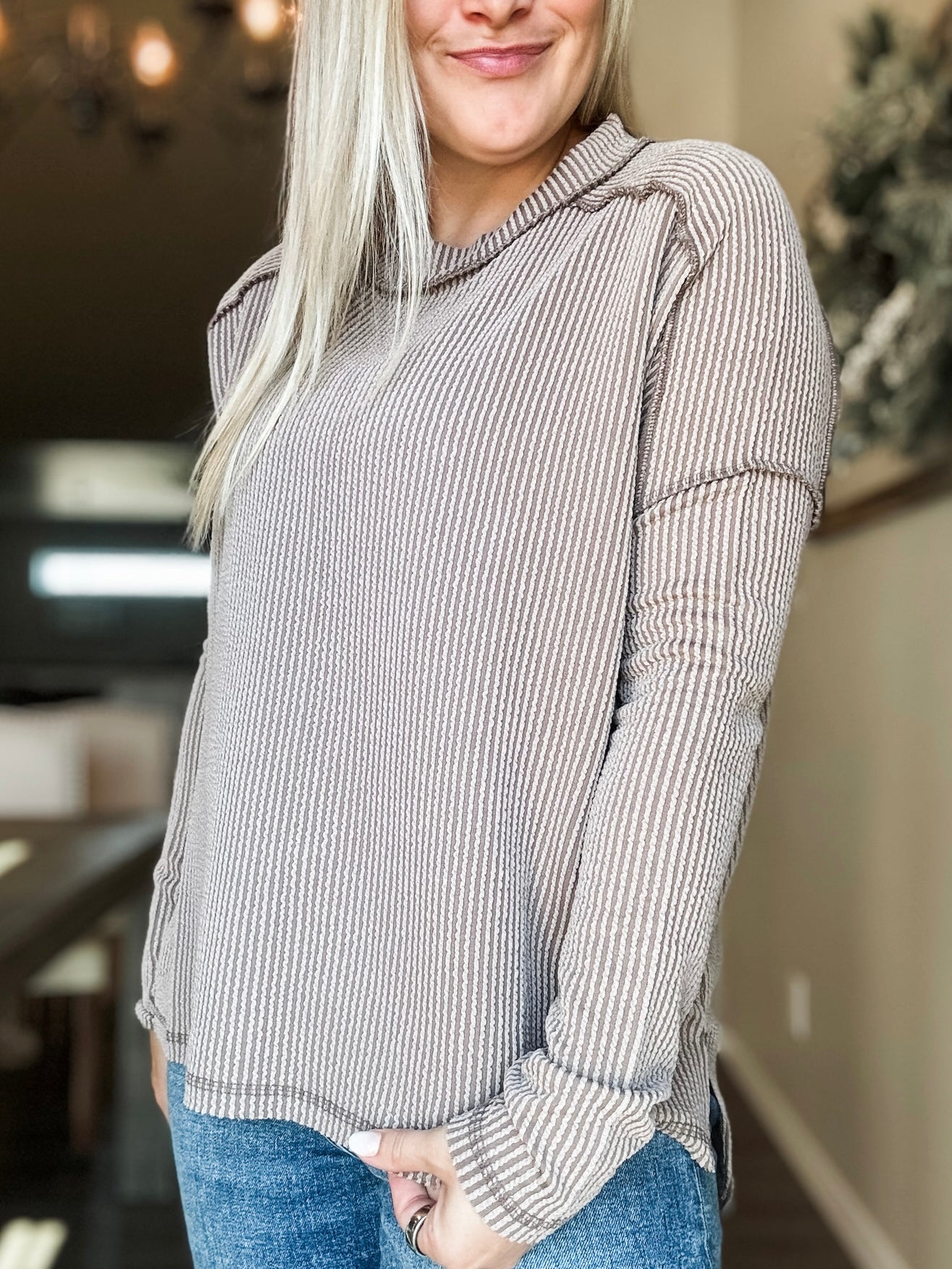 Wander & Rest Cable Ribbed Knit Drop Shoulder Top - Mocha - SIZE L/XL