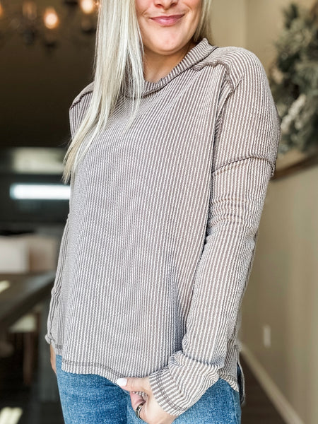 Wander & Rest Cable Ribbed Knit Drop Shoulder Top - Mocha - SIZE L/XL