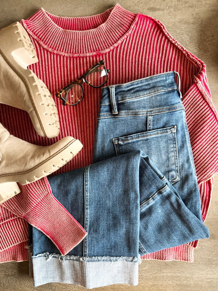 Hollis Washed Knit Sweater - Dark Red