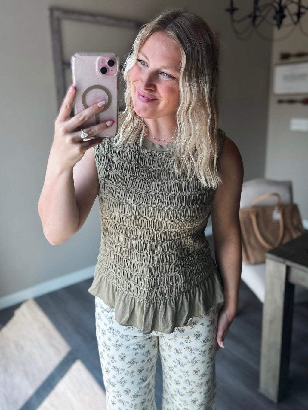 Bridgette Smocked Ruffle Hem Tank - Olive