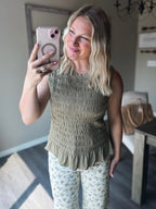 Bridgette Smocked Ruffle Hem Tank - Olive