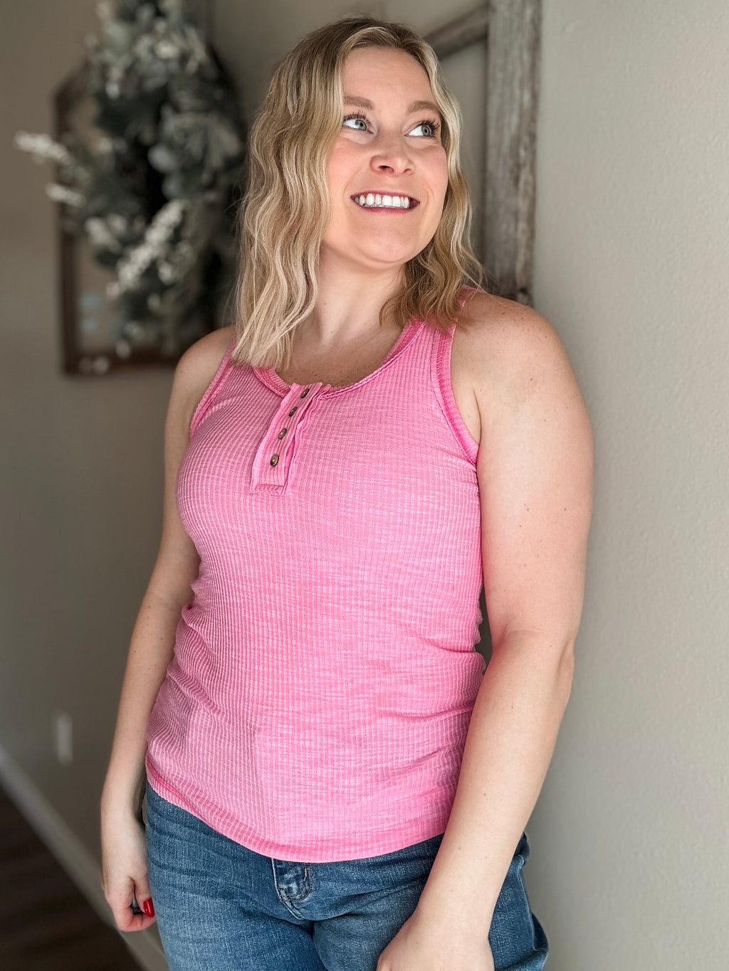 Nella Ribbed Button Tank - Light Pink