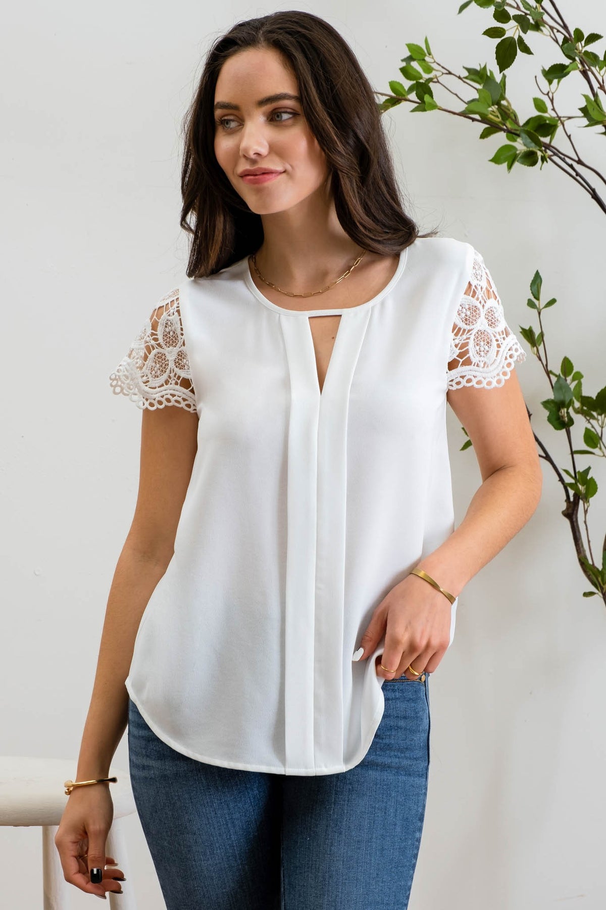 Winslet Lace Sleeve Top - White - SIZE SMALL