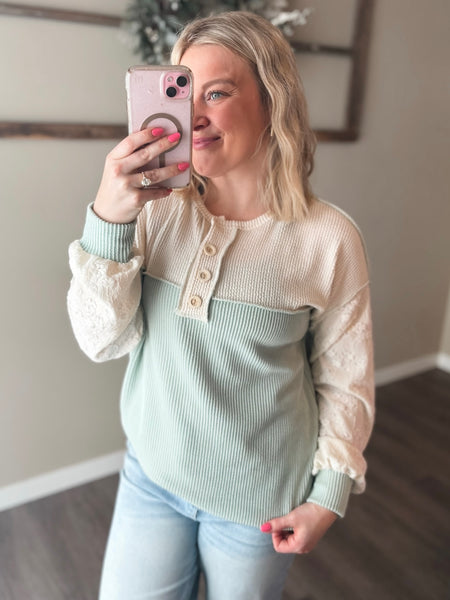 Tally Two Tone Ribbed Top - Sage