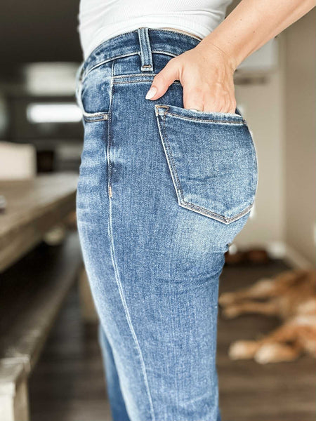 Presley High Rise Straight Cuffed Jeans - Dark Wash