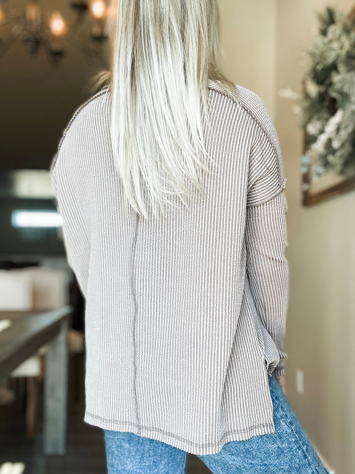 Wander & Rest Cable Ribbed Knit Drop Shoulder Top - Mocha - SIZE L/XL