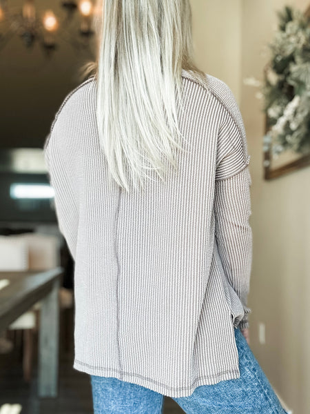 Wander & Rest Cable Ribbed Knit Drop Shoulder Top - Mocha - SIZE L/XL