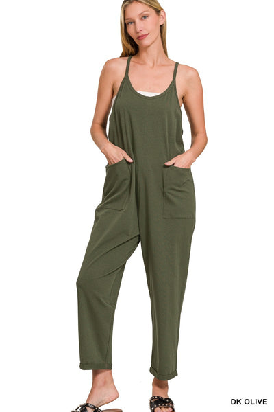 Totally Me Spaghetti Strap Jumpsuit RL - Dark Olive- SIZE S/M