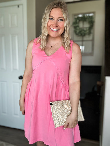 Sleeveless V Neck Mini Dress - Pink