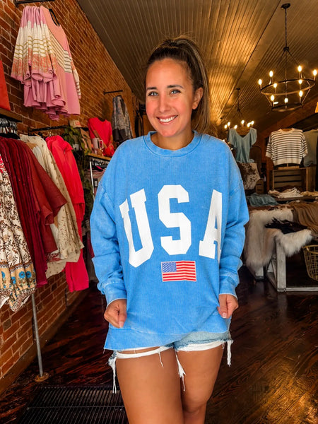 USA Flag Corded Crewneck Pullover