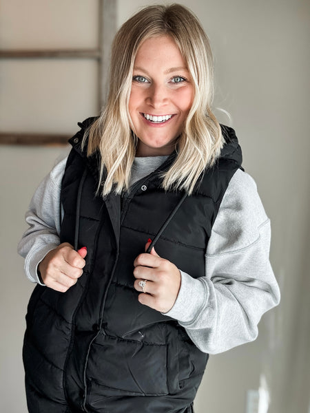 Brendi Black Long Puffer Vest - Black
