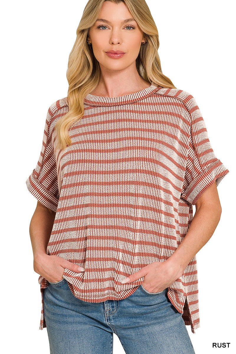 Maeven Exposed Seam Ribbed Top - Rust - SIZE S/M