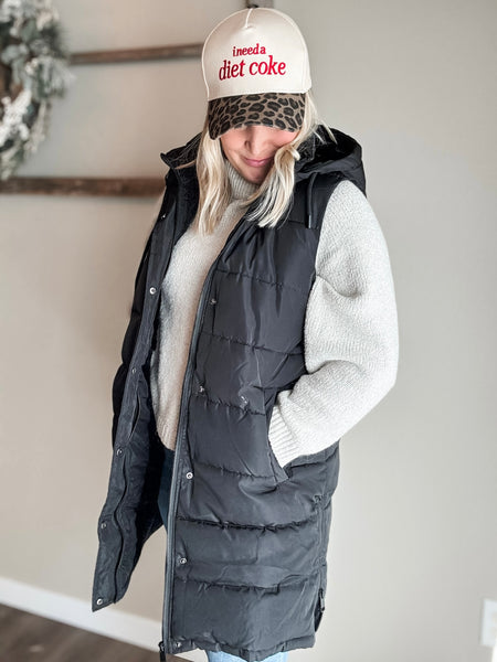 Brendi Black Long Puffer Vest - Black