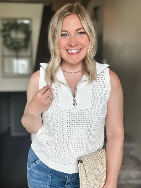 Open Knit Zip Collar Sleeveless Sweater - Ivory
