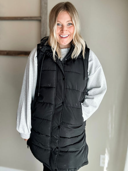 Brendi Black Long Puffer Vest - Black