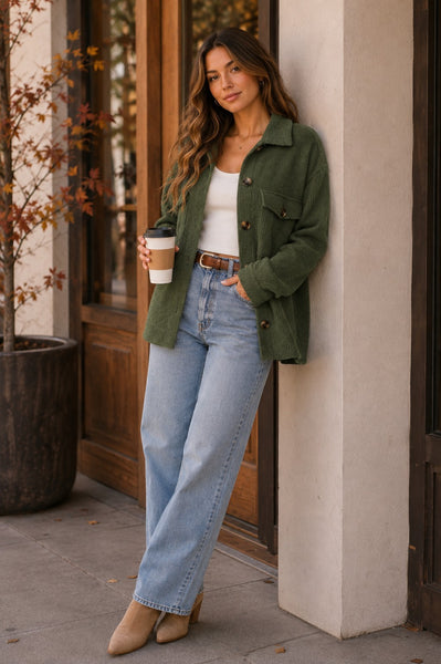 Elana Waffle Knit Shacket - Regular - Green