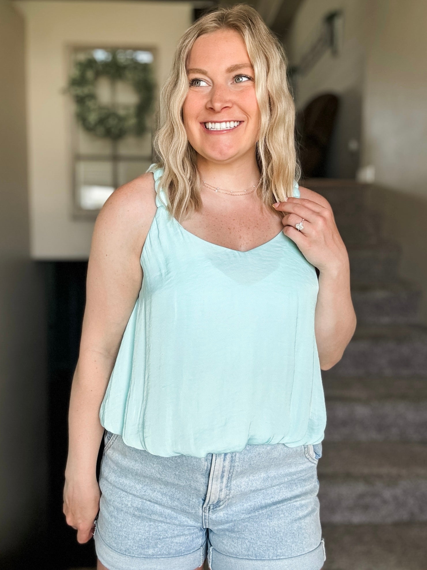 Zaria Billowy Strap Accent Tank - Aqua