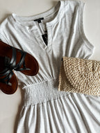 Smocked Waist Sculpted Shoulder Mini Dress