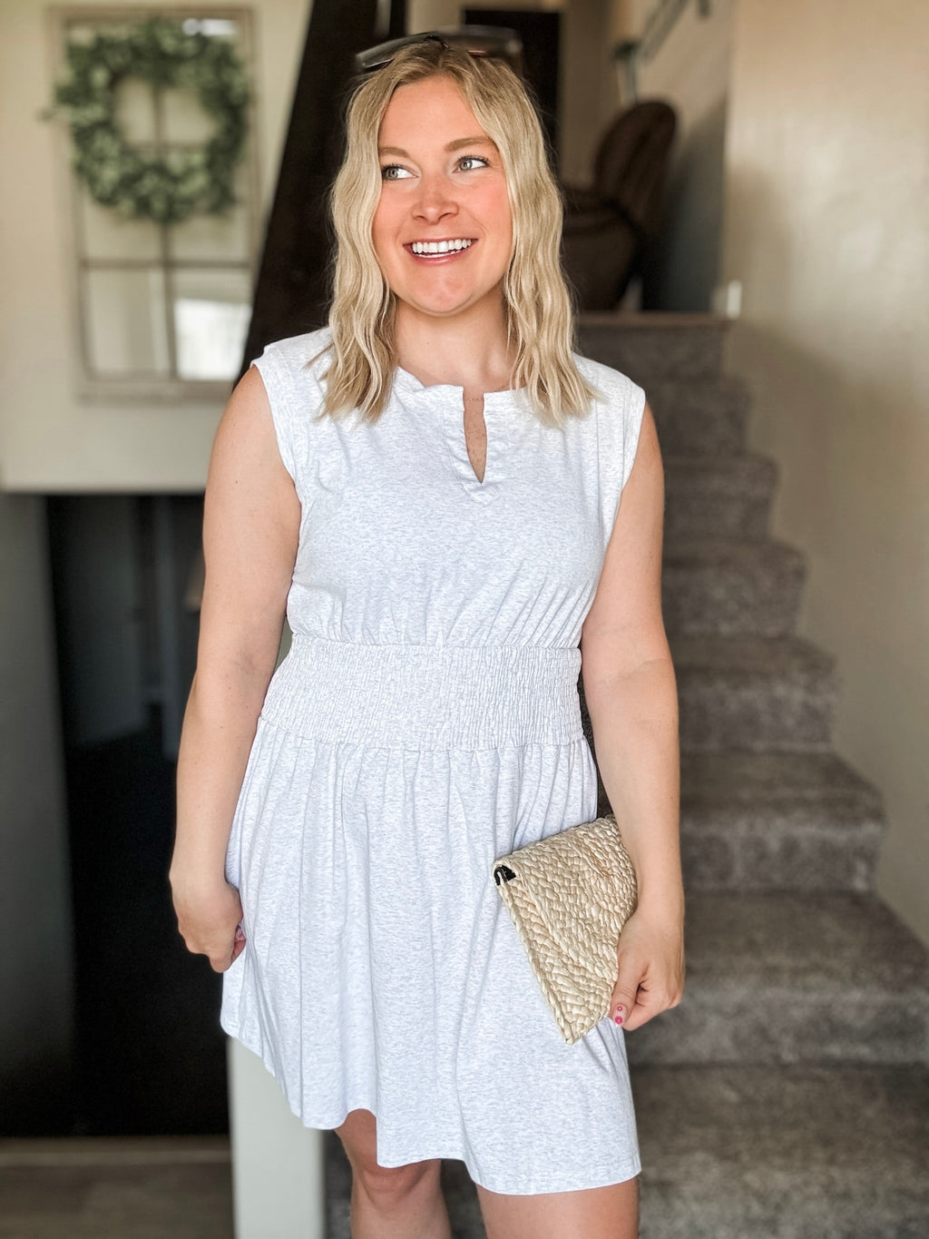 Smocked Waist Sculpted Shoulder Mini Dress