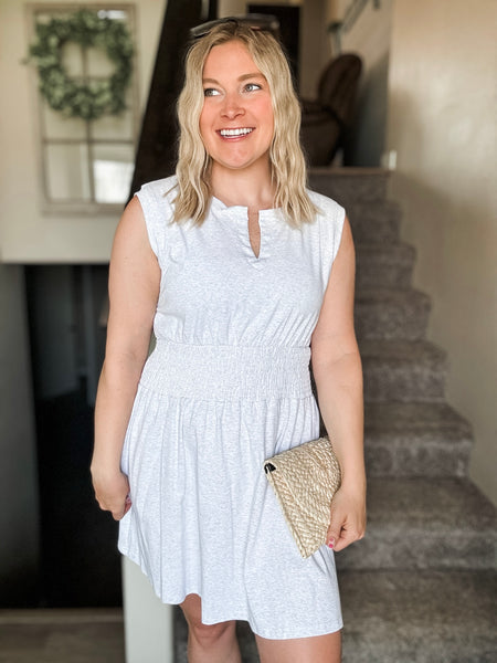 Smocked Waist Sculpted Shoulder Mini Dress
